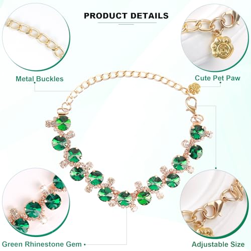 HOWWFALY Dog Collar and Cat Collar Gold Chain Necklace Stainless Steel Adjustable Green Rhinestones Collar with Cute Pet Paw for Small Medium Pets Cats Dogs Kitten Puppy (Green, L) - color: Green, size: Large