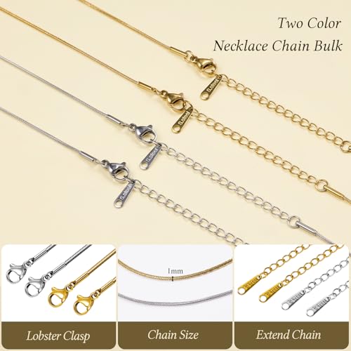Jabogrii 20 Pack Gold and Silver Necklace Chain for Jewelry Making Stainless Steel Snake Necklace Bulk 18 Inches Handmade Jewelry Chain with Lobster Clasps Extender - color: Snake Chain