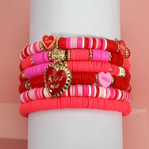 6PCS Valentine’s Day Clay Heishi Bracelet Set for Women- Red Pink Heart Love KISS XOXO Beaded Stretch Bracelets - Handmade Polymer Clay Crystal Glass Stackable Jewelry Gift for Galentine's Anniversary - color: LOVE-04