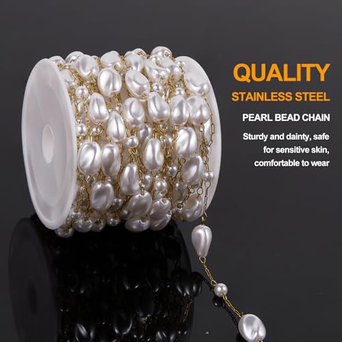 KYUNHOO Gold Plated Chain Roll on Spool 16.4 Feet Irregular Pearl Chains for Jewelry Making Stainless Steel Jewelry Supplies with Lobster Clasps Jump Rings for DIY Crafting - color: Irregular Bead Gold
