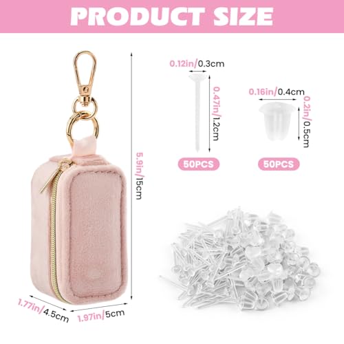 Velvet Mini Travel Jewelry Case, 2 in 1 Ring Holder Keychain + 50 Plastic Earrings, Portable Small Jewelry Organizer for Women, Travel/Gym/Wedding/Bridesmaid Gift - color: pink