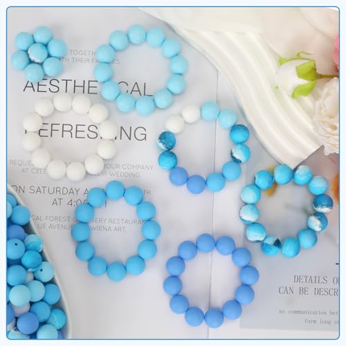 100 Pcs 15mm Silicone Beads for Keychain Making, Pink Gream Silicone Beads Bulk Round for Bracelets Pens Crafts Jewelry Making (Blue White) - color: Blue White