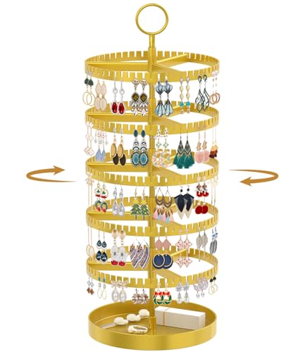 MODOWEY 5 Tier Rotating Earring Holder Organizer Display Tree with Metal Tray, Adjustable Plastic Stand with 285 Slots for Stud Hoop Hanger, Large Capacity Storage Rack for Women Space Saving, Gold - color: Golden