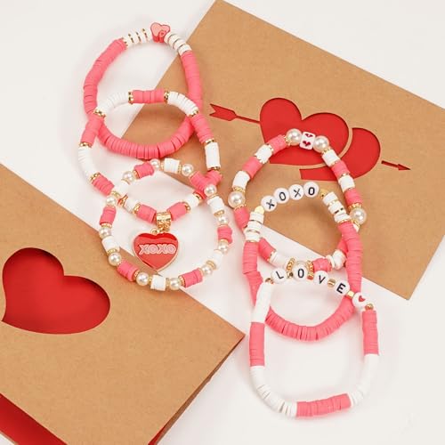 6PCS Valentine’s Day Clay Heishi Bracelet Set for Women- Red Pink Heart Love KISS XOXO Beaded Stretch Bracelets - Handmade Polymer Clay Crystal Glass Stackable Jewelry Gift for Galentine's Anniversary - color: LOVE-06