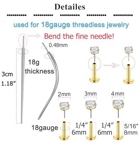 QWALIT Piercing Taper Threadless Insertion Tool - Titanium Labret Pin 16g, 18g, 20g - color: E4 - Gold Mix Pin 18g 6mm/8mm