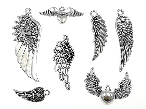 Assorted Angel Wings Feathers punk Charm Pendant Connector for DIY Jewelry Making Accessaries(36pcs,Antique Silver Tone)