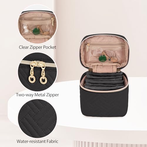 Teamoy Mini Jewelry Organizer with 6 Small Jewelry Bags, Travel Jewelry Storage Box for Necklaces, Rings, Earrings, Bracelets, Quilted Black - color: Black