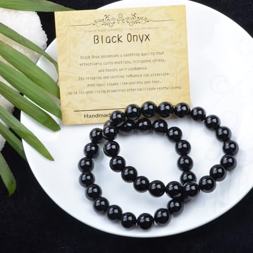 Natural Healing Gemstone Bracelet Handmade Yoga Stretch Elastic Bracelet Stress Relief Crystal Jewelry for Men and Women - color: Black Onyx (Positive Energy), size: 10mm