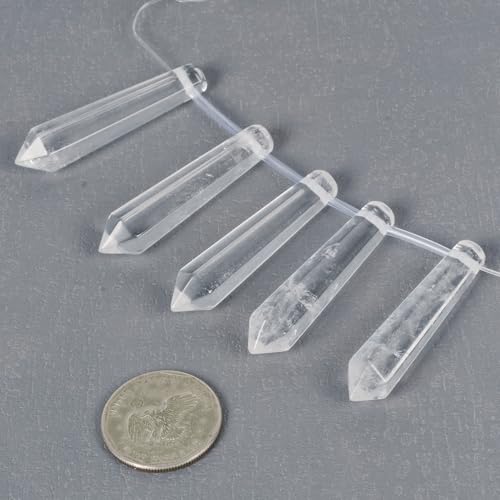 50mm Natural White Clear Quartz Hexagonal Wand Jewelry Making Crystal Pointed Chakra Reiki Healing Beads 2mm Hole Drilled(Pack of 5) - color: White Clear Quartz