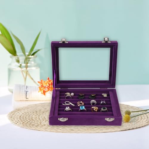 Jewelry Box Rings Organizer Tray 7 Slots Velvet Jewelry Earring Storage Box With Transparent Lid Jewelry Display Case for Girls Women (Purple) - color: Purple