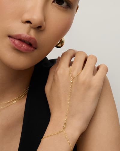 PAVOI 14K Gold Plated Hand Chains for Women - Adjustable Hand Chain Bracelet and Ring - Trendy Gold Handchain Bracelet Stack Summer Jewelry - Beads, Pearl, and Cubic Zirconia Body Jewelry - style: Beads