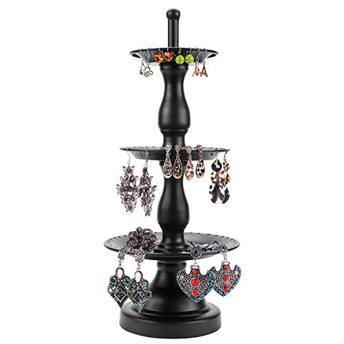 MyGift Earring Storage Rack Organizer, Metal Jewelry Tree, Necklace and Bracelet Hanger with Wooden Ring Tray Trinket Holder - Holds 68 Pairs of Earrings (Black-3-Tier) - color: Black-3-Tier