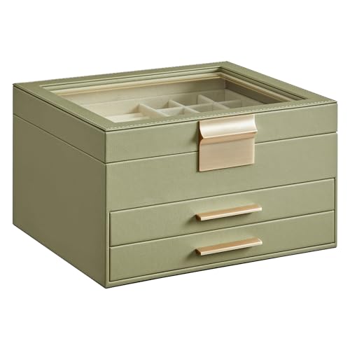 SONGMICS GISELLA Collection - Jewelry Box Organizer, 3-Layer Jewelry Storage with 2 Drawers, Shiny Metal Hardware, Glass Lid, Modern, 8 x 9.1 x 5.3 Inches, Avocado Green and Gold Color UJBC239C02 - color: Avocado Green + Gold, size: 3 Layer (8"d X 9.1"w)