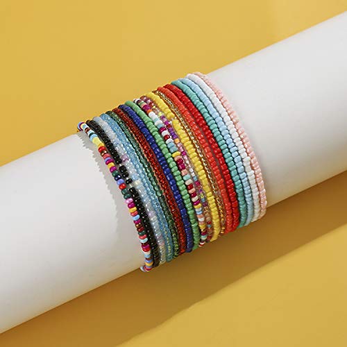 XIJIN 18 Pieces Elastic Beaded Anklets for Women Handmade Beach Boho Colorful Beads Ankle Bracelets Set - color: Multicolor