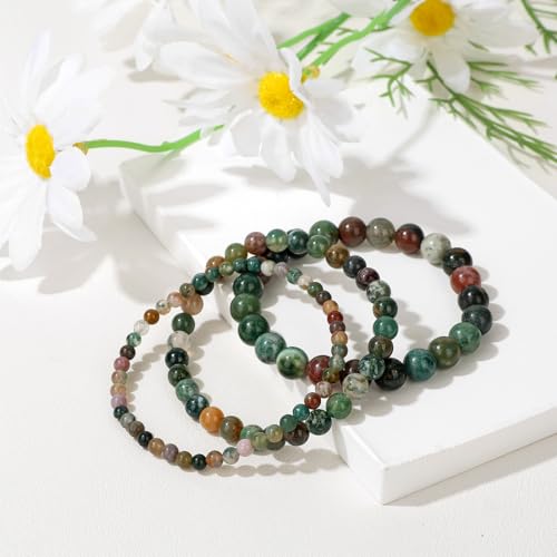 3Pcs Natural Healing Crystal Bracelets for Women Men, 4mm 6mm 8mm Beaded Stretch Bracelet Set, Black Tourmaline Natural Stone Gemstone Jewelry Gifts for Meditation, Reiki & Yoga - color: Indian Agate