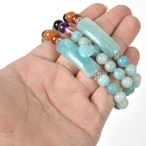 Justinstones Gem Semi Precious Gemstone Love Heart Charm Stretch Beaded Bracelet Unisex - color: Blue Amazonite(7 Chakra)