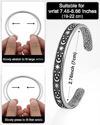 Stainless Steel Cuff Bracelet,Retro Gothic Punk Biker Cool Open Adjustable Cuff Bangle Bracelets Jewelry for Men Silver - style: Sun Moon Star