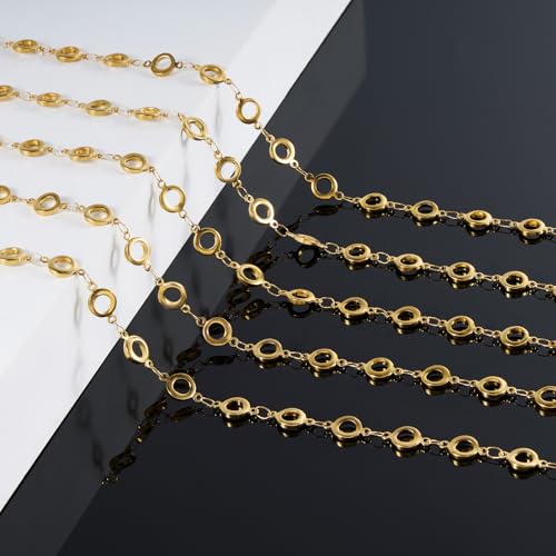 KYUNHOO 13FT/4M Hollow Circle Chains for Jewelry Making Gold Plated Stainless Steel Jewelry Chain Roll with Clasps for Bracelet Necklace DIY - color: Circle Gold