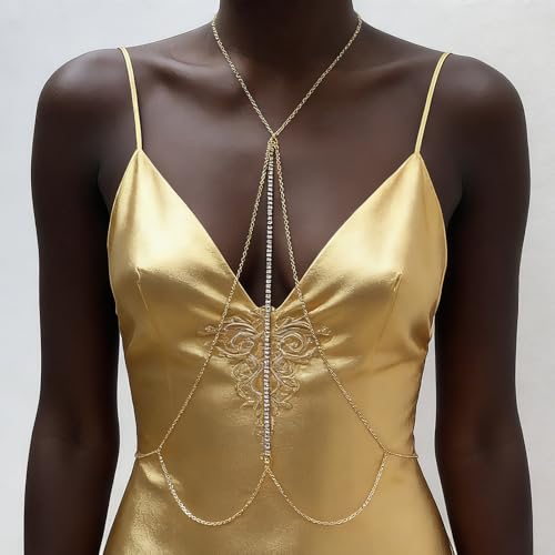 Body Chain,Body Jewelry for Women,Sexy Layered Chest Chain,Layered Adjustable Waist Jewelry for Beach Accessories,Gold Plated Waist Chains - color: Gold-L