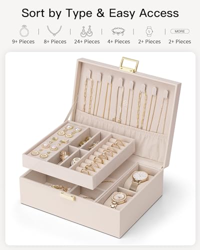 VLANDO 2 Layer Jewelry Boxes Large Jewelry Organizer for Women Removable Jewelery Tray for Watch Necklace Earrings Rings Bracelets Mothers Gifts Mom Gifts(Apricot White) - color: 04-Apricot Pink-Watch Pillow