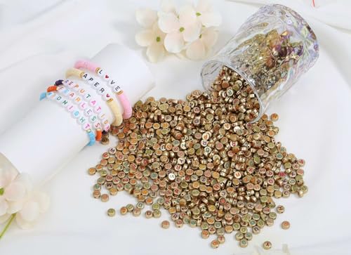 LAIDANLA 1500PCS Acrylic Letter Beads Alphabet Colorful Letters Gold Round Bead 7×4mm for Jewelry Bracelets Necklaces Key Chains Making - color: G-Colorful Letter Gold Beads