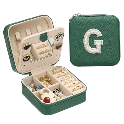 PATIKIL Travel Jewelry Case,G Initial Small Travel Jewelry Box Organizer Rings Earrings Storage Case Personalized Gifts for Women Girls Birthday Christmas Bridesmaid Gifts,Dark Green - style: G