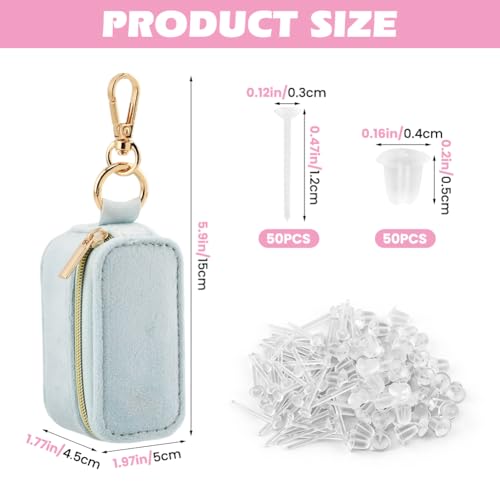 Velvet Mini Travel Jewelry Case, 2 in 1 Ring Holder Keychain + 50 Plastic Earrings, Portable Small Jewelry Organizer for Women, Travel/Gym/Wedding/Bridesmaid Gift - color: blue