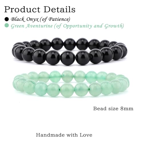 NCB 2.3-Piece 4mm Natural Crystal Gemstone Stretch Bracelets – Handmade Reiki Energy Healing Jewelry for Meditation,Yoga, Unisex - color: 2PCS ( Black Onyx+Green Aventurine ), size: 8mm