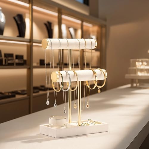 bussdis 2 Tier Bracelet Holder Display - Detachable T Bar Beige Velvet Bracelet Holder, Jewelry Holder Organizer for Bracelet, Necklace, Earrings, Rings - color: Beige