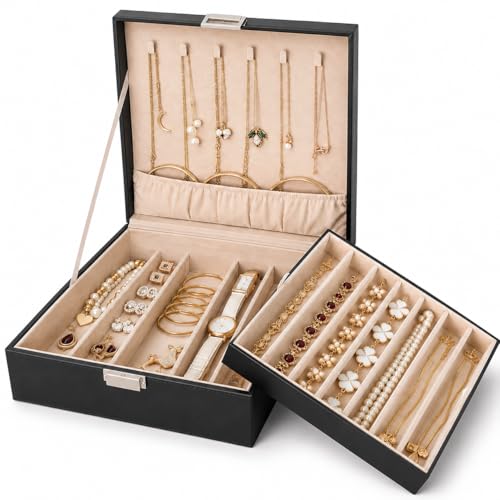 BEWISHOME Jewelry Box for Women, 2 Layer Jewelry Organizer Storage Case with Necklace Holder, Leather Jewelry Organizer Box for Earrings Rings Bracelets, Large Jewelry Storage Box (Black SSH31B) - color: BLACK