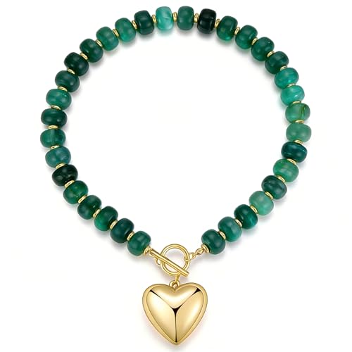 GZQ Chunky Gold Heart Necklace for Women, Resin Beaded Chain with Puff Heart Adjustable Clasp, Perfect for Daily Wear Party Date Streetwear Outfits Fashion Jewelry Gift - color: Green