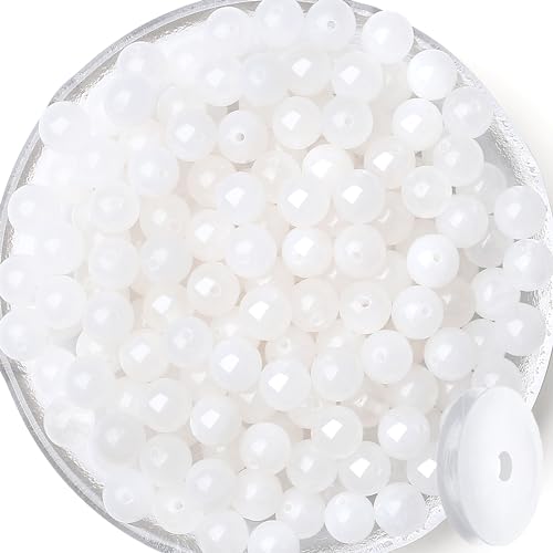 QINJIEJIE 100PCS White Jade Beads 8mm Natural Stone Beads Round Loose Gemstone Bead for Bracelet Beading Crystal Jewelry Making DIY Necklace Earrings 0.32" - color: White Jade, size: 100PCS