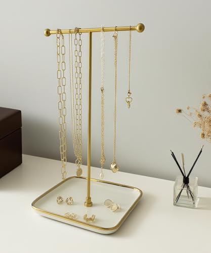 VROOMIUM Necklace Holder- Ceramic Base 1ft Height Jewelry Organizer Stand, Aesthetic Jewelry Hanger Display for Necklaces, Bracelets, Rings, Exhibidor de Collares-Classic White - color: Sq. Lux White