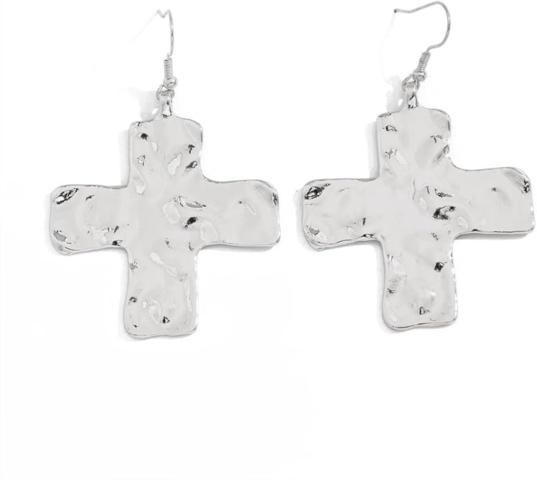 Chunky Gold Big Hammered Cross Drop Dangle Earrings for Women Trendy, Bold Thick Large Silver Cross Hook Earrings Dainty Vintage Faith Chain Jewelry