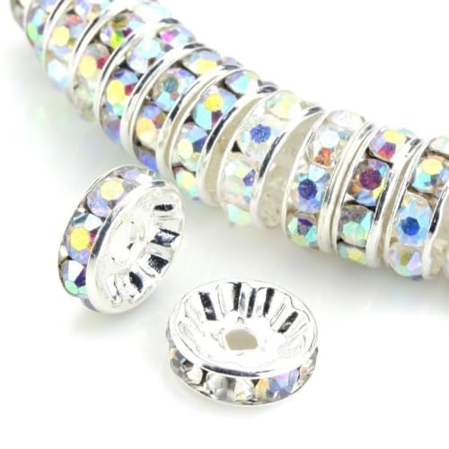 200pcs Adabele Grade A 4mm (0.16 Inch) Small Rhinestone Rondelle Loose Beads Crystal AB Sterling Silver Plated Spacer for DIY Craft Jewelry Making CF1-402 - color: Clear AB, size: 4mm (200pcs)