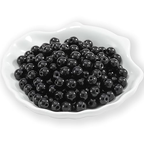200Pcs Glass Pearl Beads Faux Pearls Round Czech Tiny Satin Luster Spacer Loose Beads Bulk with Holes Handcrafted for DIY Bracelets Jewelry Making Crafts Supplies (6MM, Black) - color: Black, size: 6MM