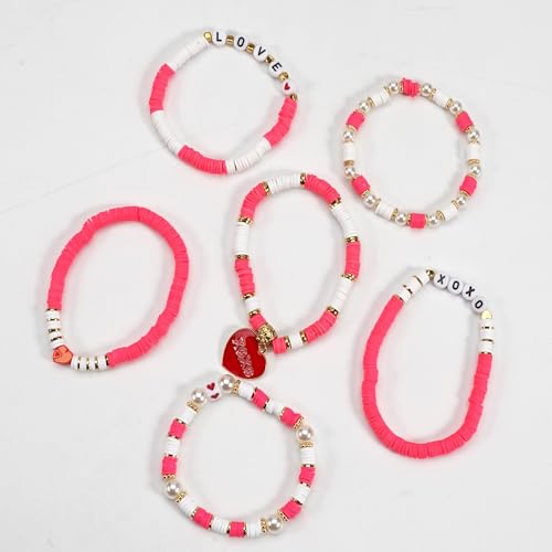 6PCS Valentine’s Day Clay Heishi Bracelet Set for Women- Red Pink Heart Love KISS XOXO Beaded Stretch Bracelets - Handmade Polymer Clay Crystal Glass Stackable Jewelry Gift for Galentine's Anniversary - color: LOVE-06
