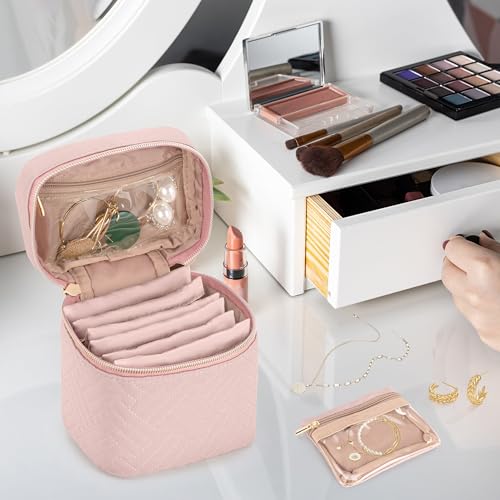 Teamoy Mini Jewelry Organizer with 6 Small Jewelry Bags, Travel Jewelry Storage Box for Necklaces, Rings, Earrings, Bracelets, Quilted Pink - color: Pink