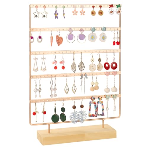 Jewelry Organizer, 5 Tiers Earring Organizer with 120 Holes for Storing and Displaying Earrings of Various Styles, Models and Sizes, Removable Wooden Base for Home and Store Use - color: Rose Gold