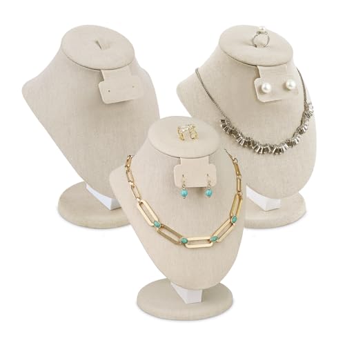 MOOCA 3 Pcs Set Tan Linen Combination Display Jewelry Stand Bust for Necklaces, Earrings, Rings, Jewelry Display For Vendors - color: Tan Linen, 3 pieces