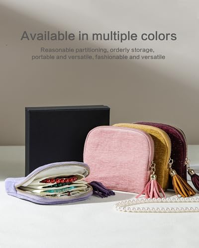 Travel Jewelry Case, Small Velvet Jewelry Bag with Zipper, 5-Layer Anti-Scratch Pouch for Bracelets Necklaces Earrings, Tangle-Free Jewelry Storage, Gift for Her Chenille Velvet Pink - color: Pink