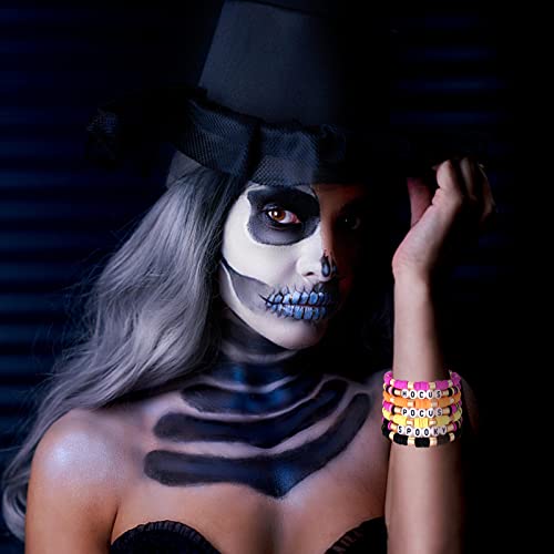 FAERLIIRY Halloween Bracelets for Women Preppy Heishi Bracelets HOCUS POCUS SPOOKY Letter Stack Vinyl Disc Beads Surfer Stretch Bracelet Halloween Cosplay Jewelry Gifts - style: HOCUS POCUS