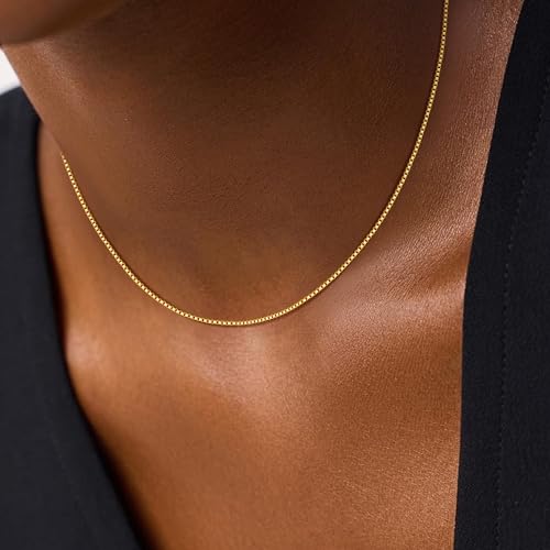 18K Gold Plated 925 Sterling Silver Chain for Women, 1mm Box Chain Dainty Gold Necklace Jewelry Gifts for Women Mom Girlfriend - size: 24 Inches
