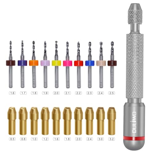 21 PCS Hand Drill Set, Pin Vise Hand Drill Set Including 10 PCS (1.6-2.5mm) Miniature Mini Drill Bits and 10 PCS (0.5-3.2mm) PCB Mini Chuck Chuck for Jewelry DIY, Resin, Wood, Model Making - color: Silver