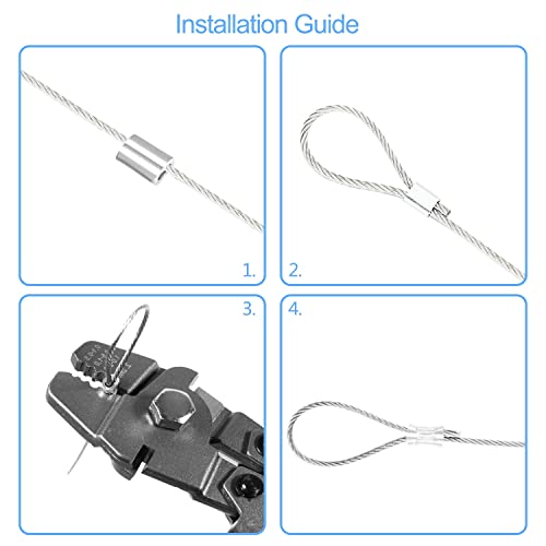 Wire Rope Crimping Tool Kit, with 1/16-304 Stainless Steel Cable 165 ft (7x7 Strand Core), 100 Cable Ferrule Aluminum Loop Sleeve Stops - color: Gray