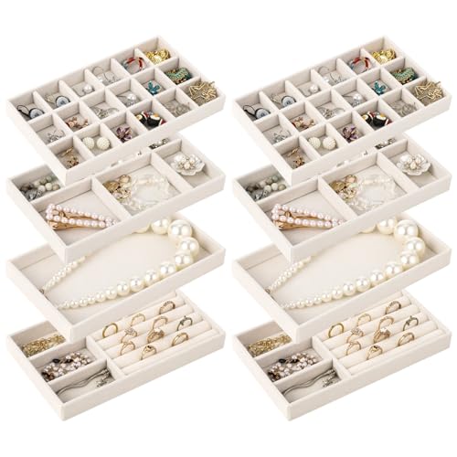 8 Pcs Jewelry Drawer Organizers, Velvet Jewelry Trays for Drawer, Stackable Jewelry Trays, Ideal for Rings, Earrings, Bracelets, Necklaces, Beige - color: Beige