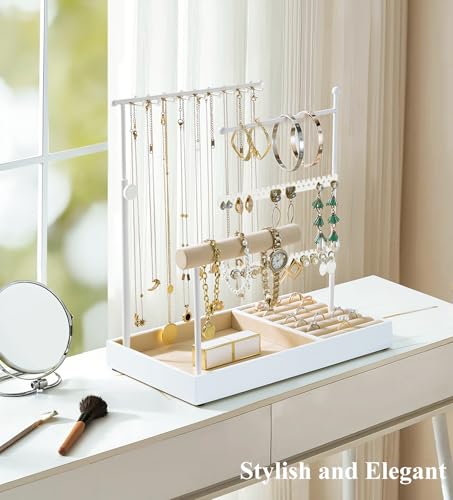 Emibele Jewelry Holder, Jewelry Organizer Stand Necklace Earring Bracelet Holder, 5 Tier Jewelry Display Tower Rack with Metal Frame and Velvet Ring Tray, Aesthetic Jewelry Stand Gift for Women, White - color: White