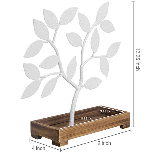 MyGift Earring Storage Rack Organizer, White Metal Jewelry Tree, Necklace and Bracelet Hanger with Wooden Ring Tray Trinket Holder - Holds 68 Pairs of Earrings - color: White