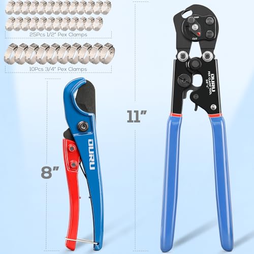 OURU 2 IN 1 Ratchet Pex Crimping Tool Cinch and Remove Combo Function Pex Pipe Crimp Tool from 3/8" to 1" Pex Crimper with Pex Cutter and Stainless Steel Pex Clamps 1/2" 25PCS,3/4" 10PCS - style: 2pcs Pex Tool Kit