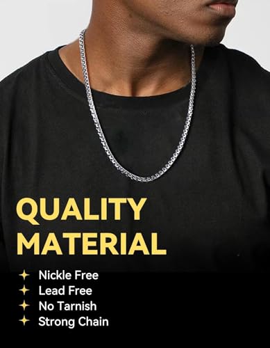 ChainsHouse Flat Box Chain Necklace Men, 2/4/6/8mm Round Link Chain Necklaces, Stainless Steel/Black/14K Gold Plated Mens Jewelry, 14"-30" Length, Come Gift Box - color: A-6mm-stainless, size: 20 Inches